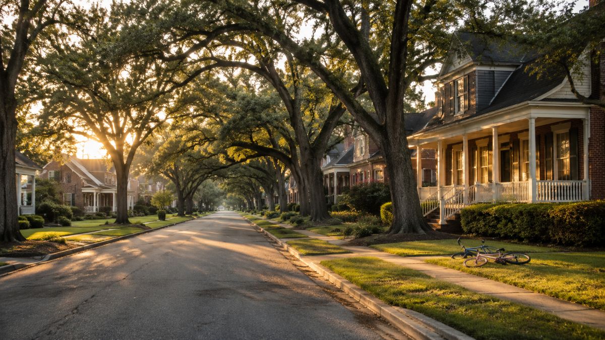 Tree-lined residential street with brick homes under live oak canopy in Mobile County Alabama